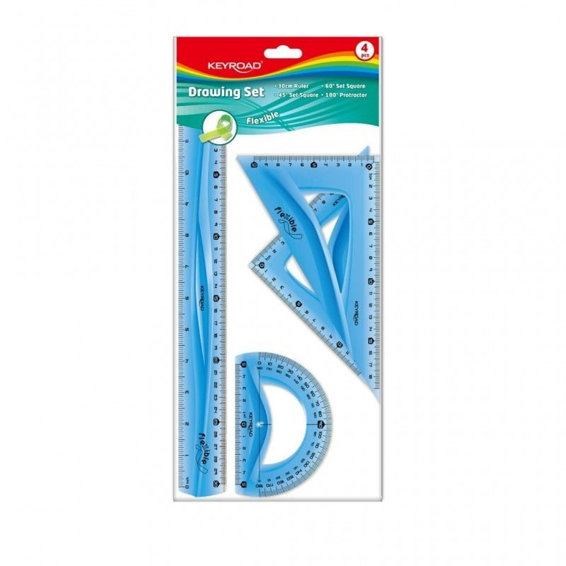 Set geometrie 30cm KEYROAD, 4 piese/bl. PVC, flex, diverse culori