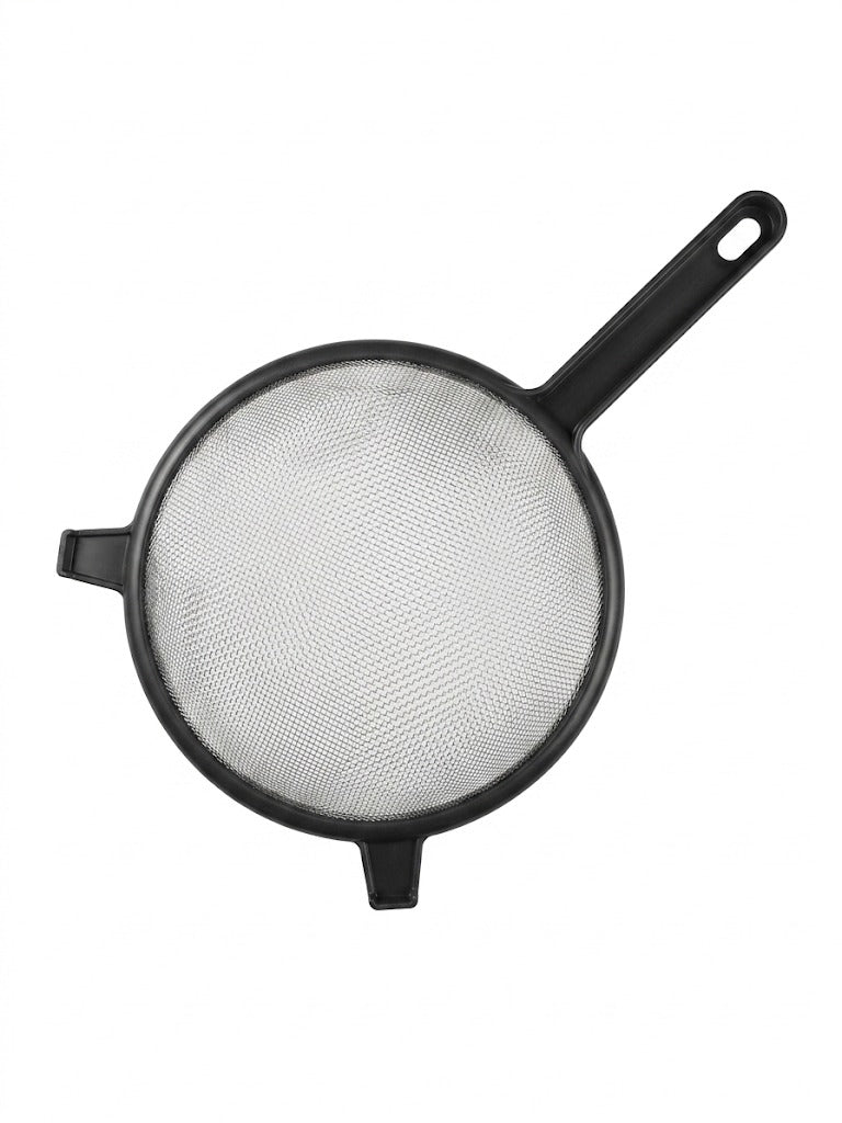 Sita de bucatarie Blokker 18 cm, strecuratoare din otel inoxidabil cu margine si maner din plastic gri, plasa fina