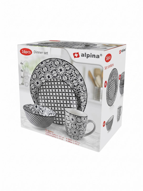 Set de masa 16 piese Alpina, portelan, design modern alb-negru cu modele geometrice, serviciu de masa complet pentru 4 persoane