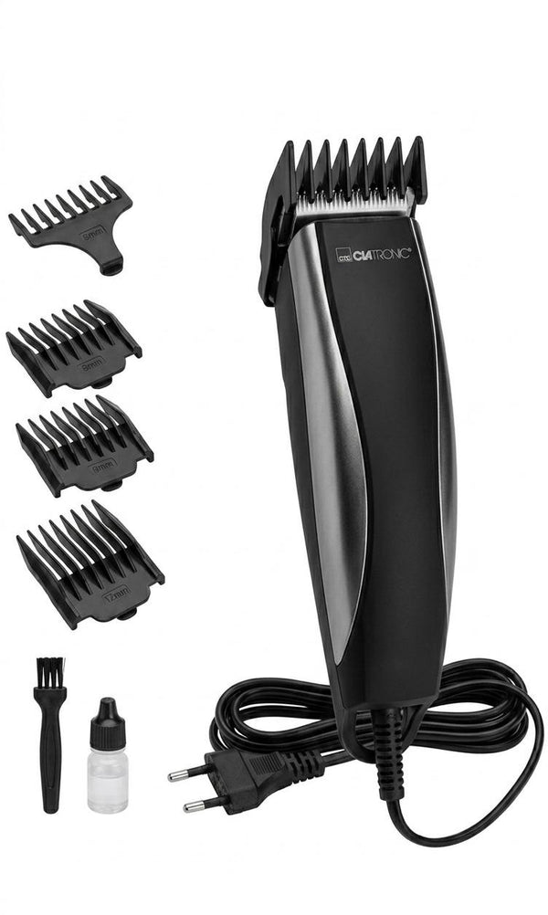 Masina de tuns profesionala Clatronic, pentru par și barba, lame din oțel inoxidabil, 4 piepteni accesorii, negru/argintiu
