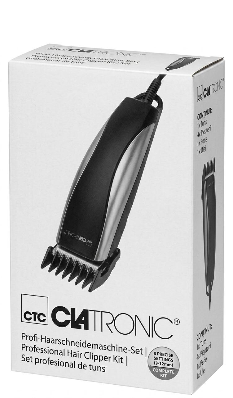 Masina de tuns profesionala Clatronic, pentru par și barba, lame din oțel inoxidabil, 4 piepteni accesorii, negru/argintiu