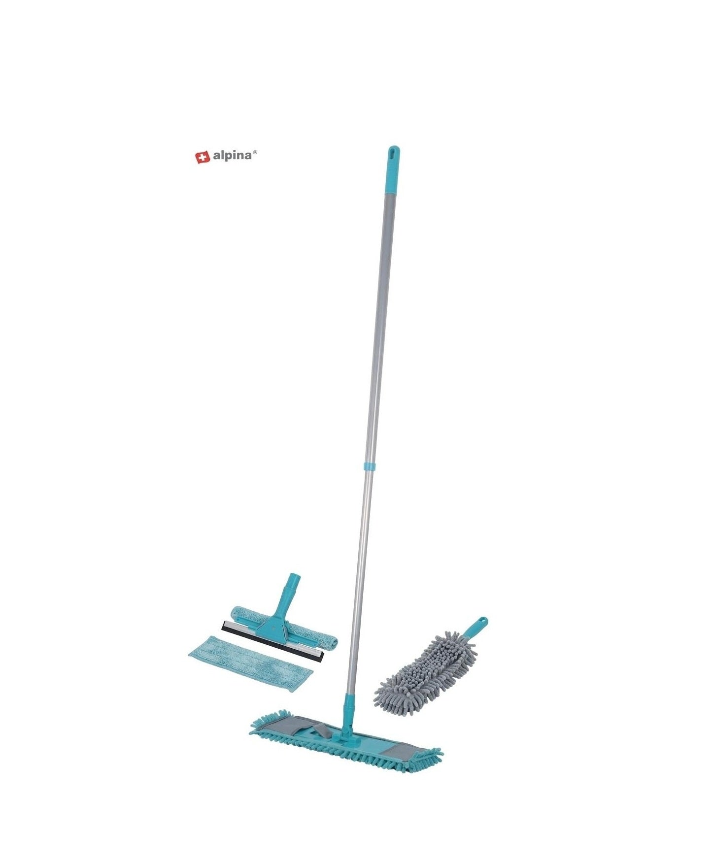 Set curatenie multifunctional Alpina, 7 piese, mop microfibra, curatator geamuri si pamatuf flexibil, maner telescopic 68-120 cm