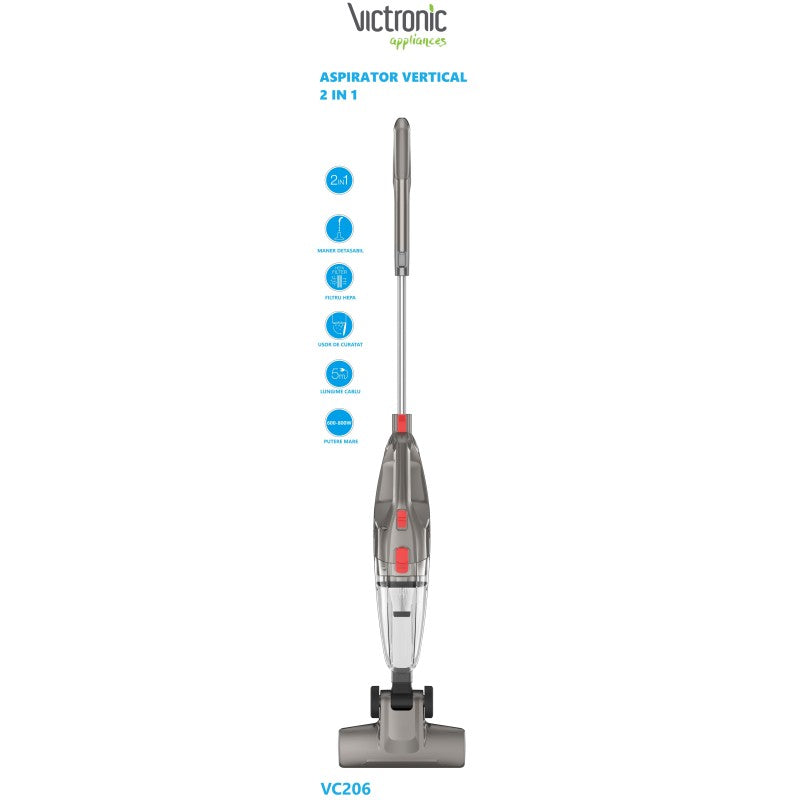 Aspirator vertical 2 in 1, ciclonic fara sac, filtru HEPA, 600W-max 800W, Victronic VC206