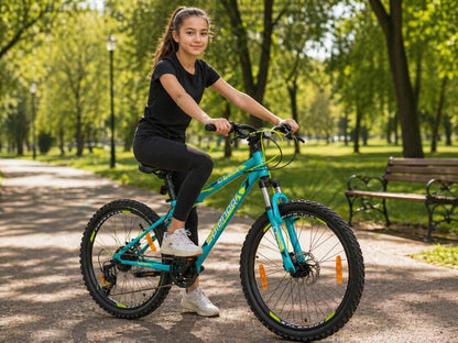 Bicicleta cu roti de 24", pentru copii cu varsta intre 9 - 12 ani, inaltime 135 - 150 cm, suspensie fata, 21 viteze Shimano, frane disc-fata/spate, Splendor CLIF24GB (albastru)