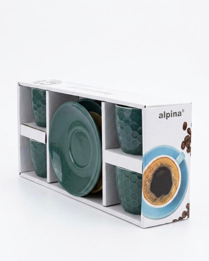 Set 4 cesti espresso cu farfurii, design hexagonal, ceramica, Alpina