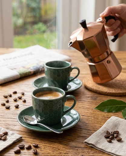 Set 4 cesti espresso cu farfurii, design hexagonal, ceramica, Alpina