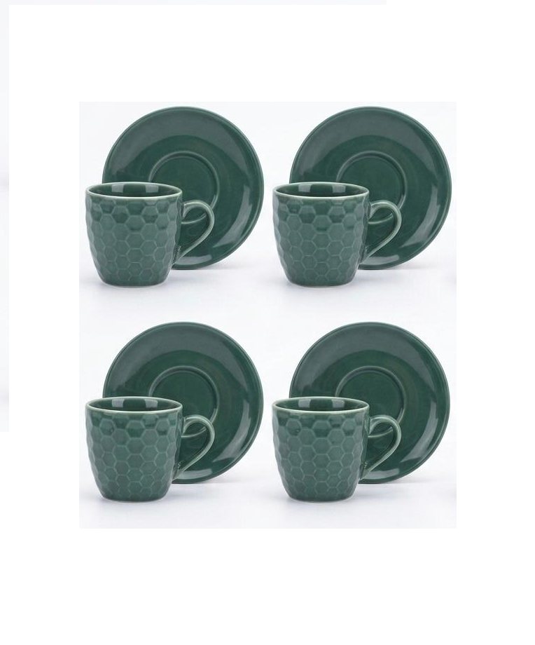 Set 4 cesti espresso cu farfurii, design hexagonal, ceramica, Alpina