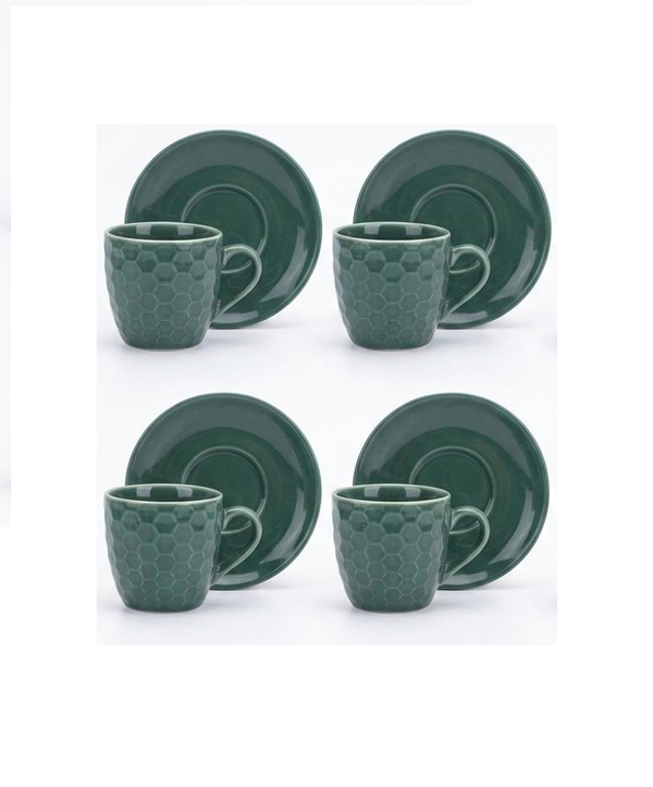 Set 4 cesti espresso cu farfurii, design hexagonal, ceramica, Alpina