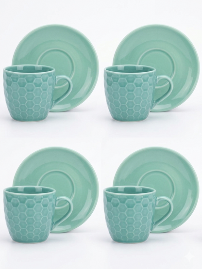 Set 4 cesti espresso cu farfurii, design hexagonal, ceramica, Alpina