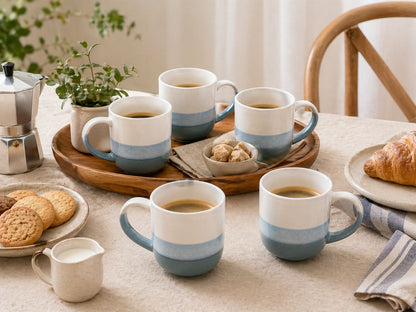 Set 6 cesti cafea cu toarta ceramice, 220 ml, Palermo, design modern alb-albastru pastel