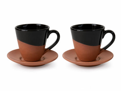 Set 2 cesti espresso cu farfurii din teracotă, design modern, culoare negru/maro, SENZA