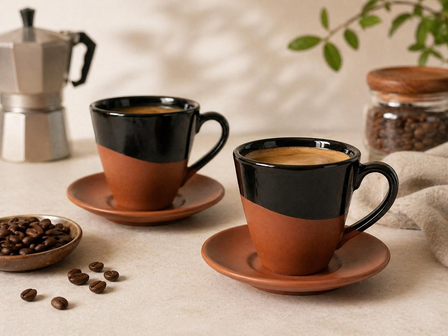 Set 2 cesti espresso cu farfurii din teracotă, design modern, culoare negru/maro, SENZA