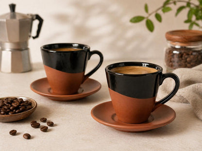 Set 2 cesti espresso cu farfurii din teracotă, design modern, culoare negru/maro, SENZA