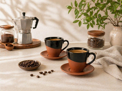 Set 2 cesti espresso cu farfurii din teracotă, design modern, culoare negru/maro, SENZA