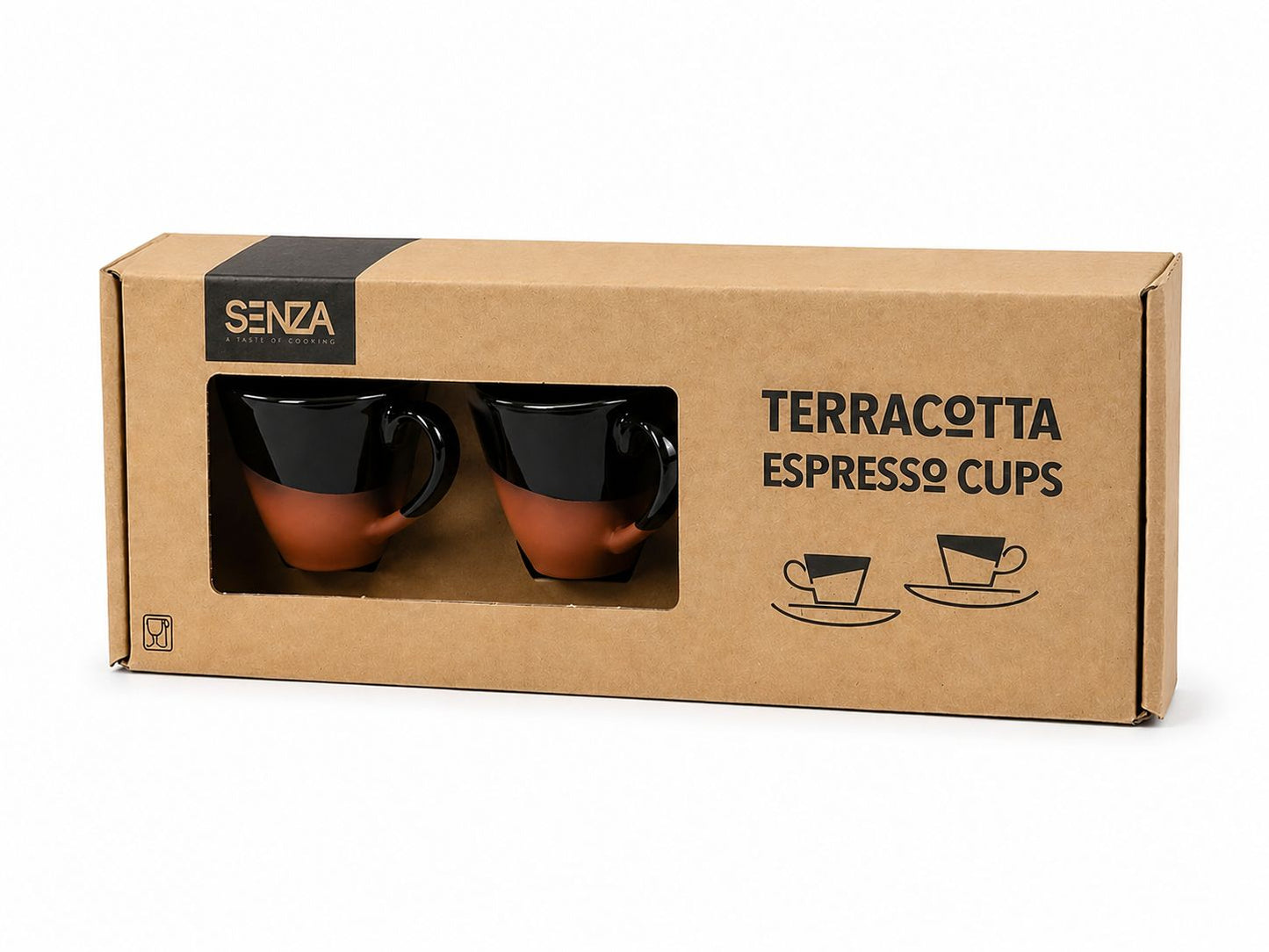Set 2 cesti espresso cu farfurii din teracotă, design modern, culoare negru/maro, SENZA