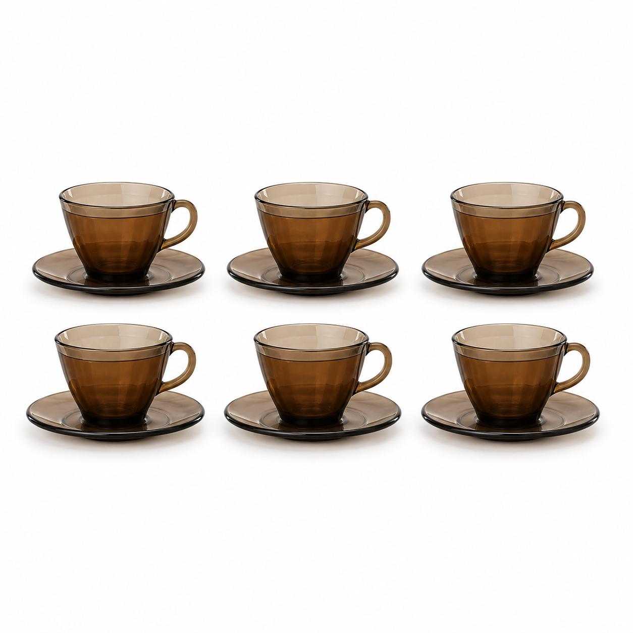Set 6 cesti si farfurii pentru cafea sau ceai, sticla fumurie, Duralex