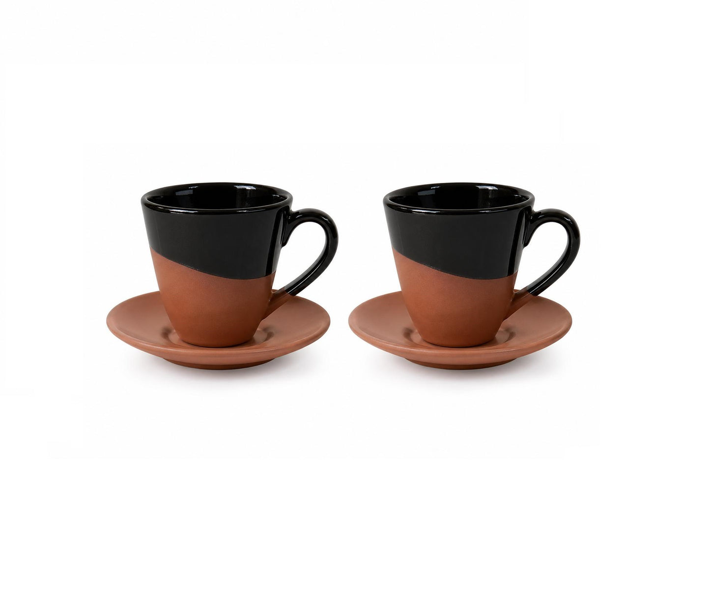 Set 2 cesti espresso cu farfurii din teracotă, design modern, culoare negru/maro, SENZA