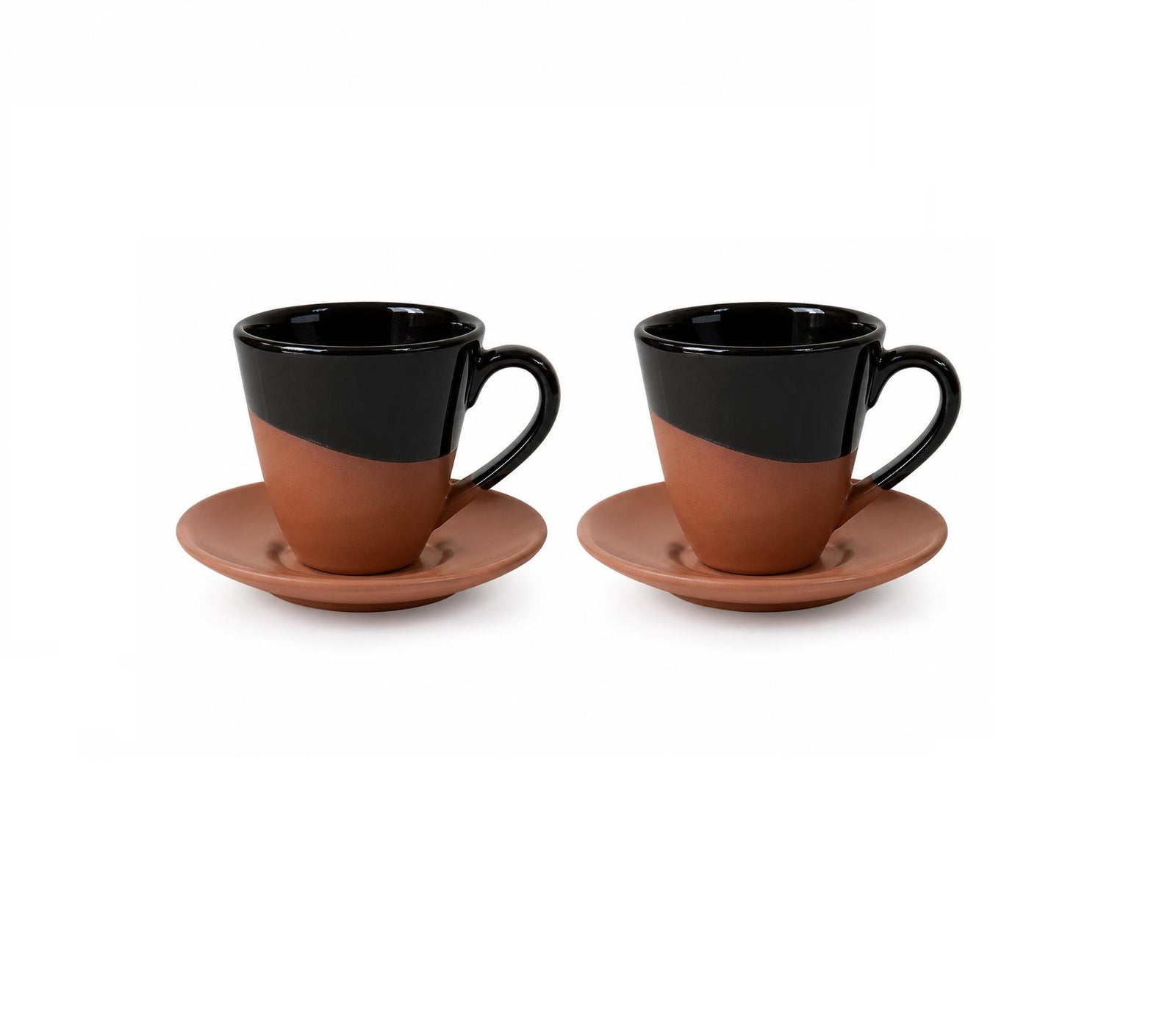 Set 2 cesti espresso cu farfurii din teracotă, design modern, culoare negru/maro, SENZA