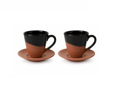 Set 2 cesti espresso cu farfurii din teracotă, design modern, culoare negru/maro, SENZA