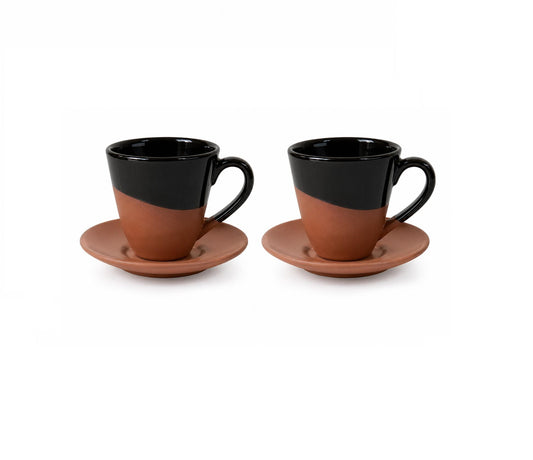 Set 2 cesti espresso cu farfurii din teracotă, design modern, culoare negru/maro, SENZA