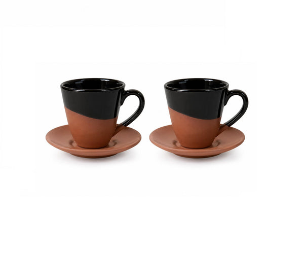 Set 2 cesti espresso cu farfurii din teracotă, design modern, culoare negru/maro, SENZA