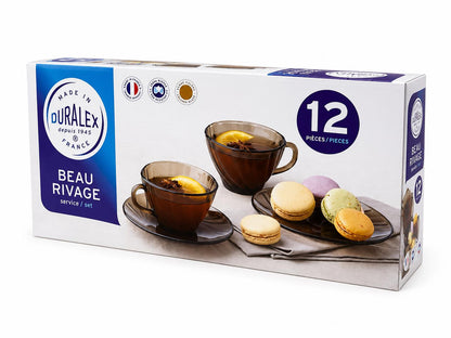 Set 6 cesti si farfurii pentru cafea sau ceai, sticla fumurie, Duralex