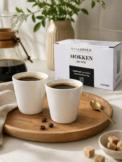 Set 2 cesti cafea din porțelan alb, 300 ml, design minimalist, Riverdale Mokken