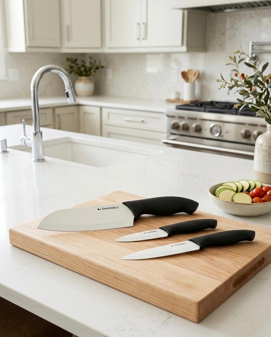 Cutit universal Santoku, lama inox 18 cm, invelis ceramic, maner ergonomic anti-alunecare, Daikoku