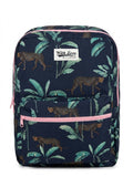 Rucsac urban / ghiozdan scolar fete with love, imprimeu Tropical Jungle cu leoparzi si frunze exotice, 2 compartimente principale, fermoare si bretele roz contrastante, bleumarin