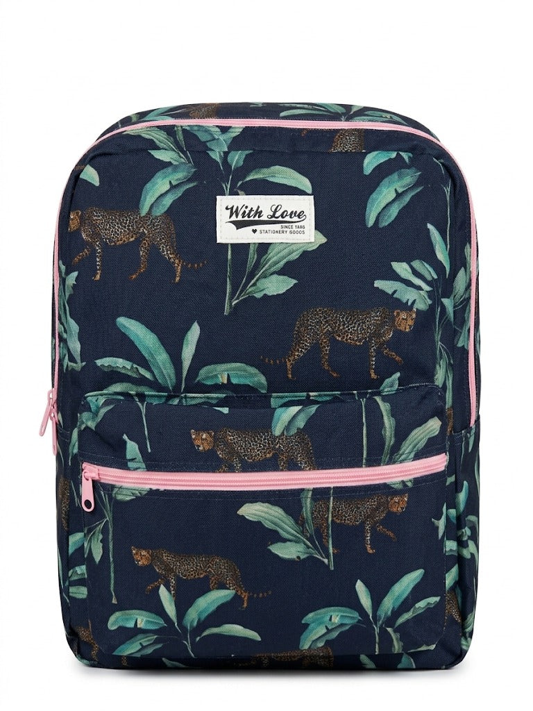 Rucsac urban / ghiozdan scolar fete with love, imprimeu Tropical Jungle cu leoparzi si frunze exotice, 2 compartimente principale, fermoare si bretele roz contrastante, bleumarin
