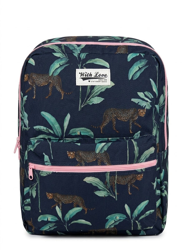 Rucsac urban / ghiozdan scolar fete with love, imprimeu Tropical Jungle cu leoparzi si frunze exotice, 2 compartimente principale, fermoare si bretele roz contrastante, bleumarin
