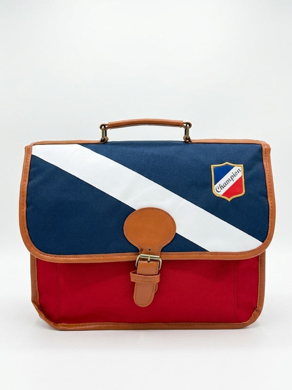 Ghiozdan scolar tip servieta / satchel vintage Champion, clasa pregatitoare si primara, eticheta identificare, bretele buretate, bleumarin/rosu