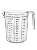 Cana gradata bucatarie din plastic transparent, 1.000 ml, gradatii lichide, zahar si faina, maner ergonomic