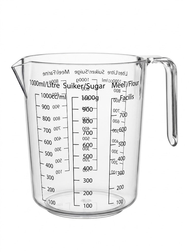 Cana gradata bucatarie din plastic transparent, 1.000 ml, gradatii lichide, zahar si faina, maner ergonomic