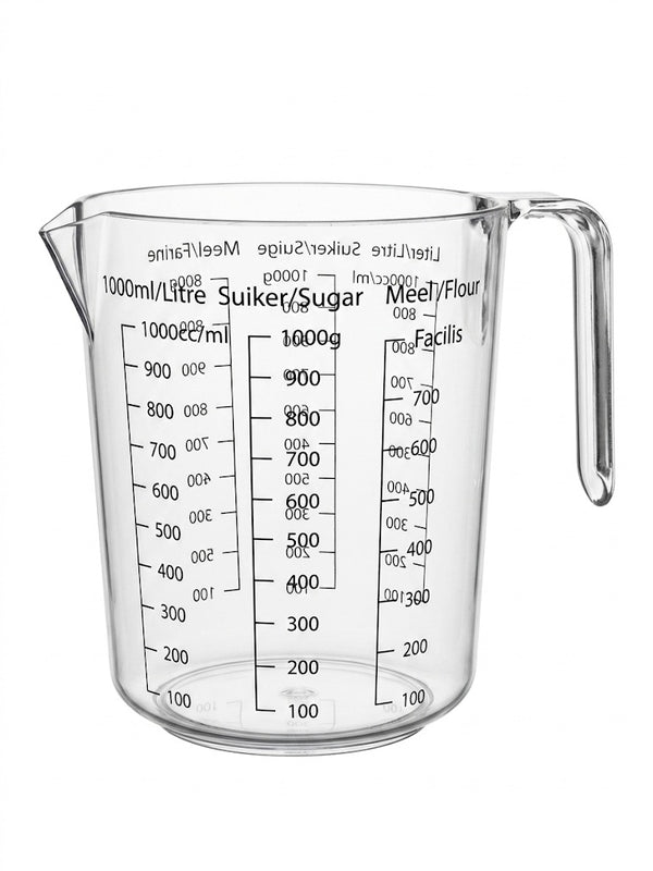 Cana gradata bucatarie din plastic transparent, 1.000 ml, gradatii lichide, zahar si faina, maner ergonomic