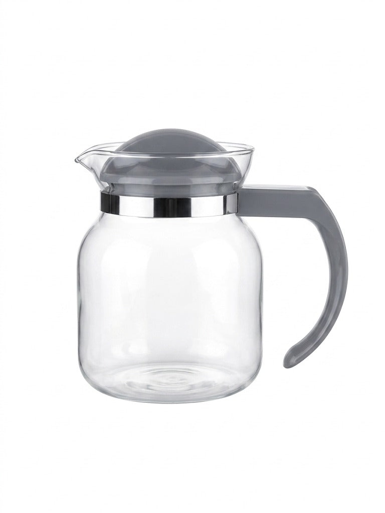 Cana de sticla termorezistenta pentru ceai, cafea si limonada, cu capac si maner gri, 1 Litru