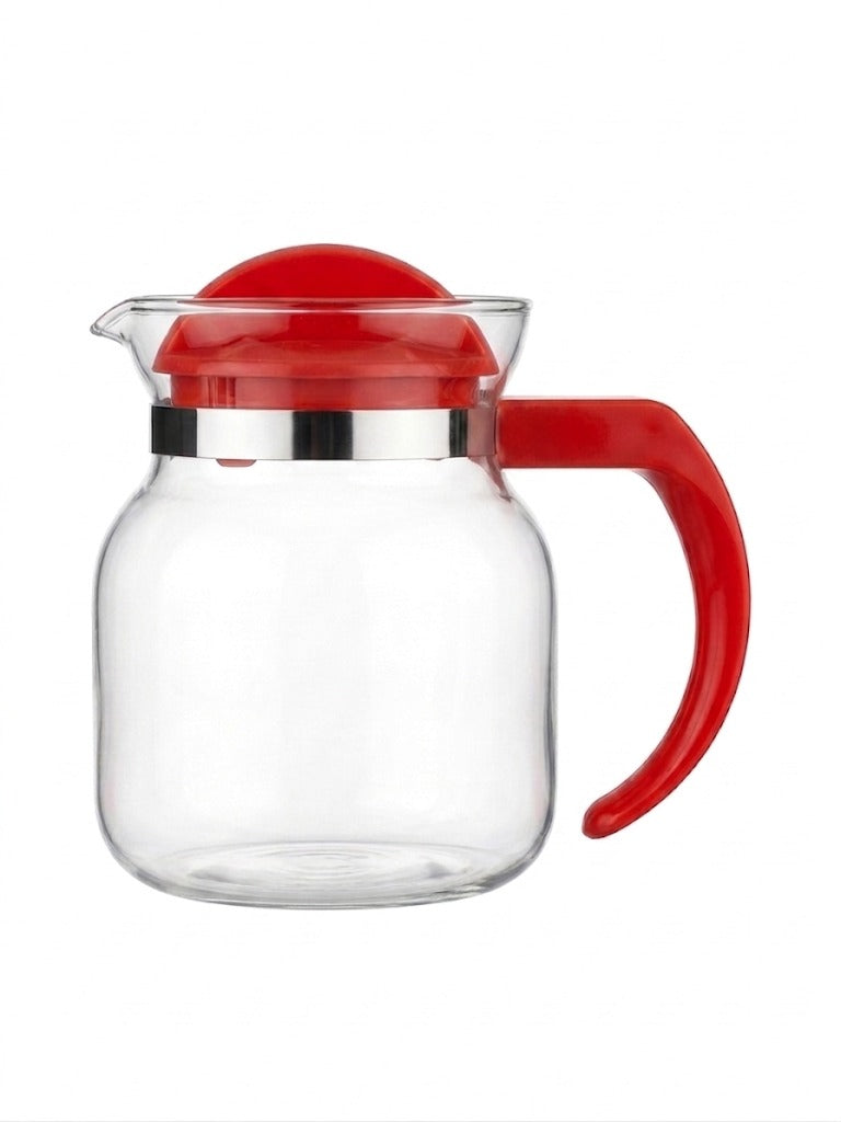 Cana de sticla termorezistenta pentru ceai, cafea si limonada, cu capac si maner rosu, 1 Litru