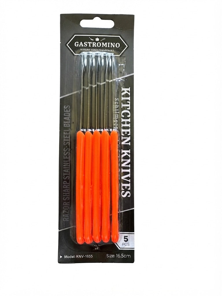 Set 5 cutite de bucatarie Gastromino, lame din otel inoxidabil argintii, maner portocaliu, 16.5 cm.