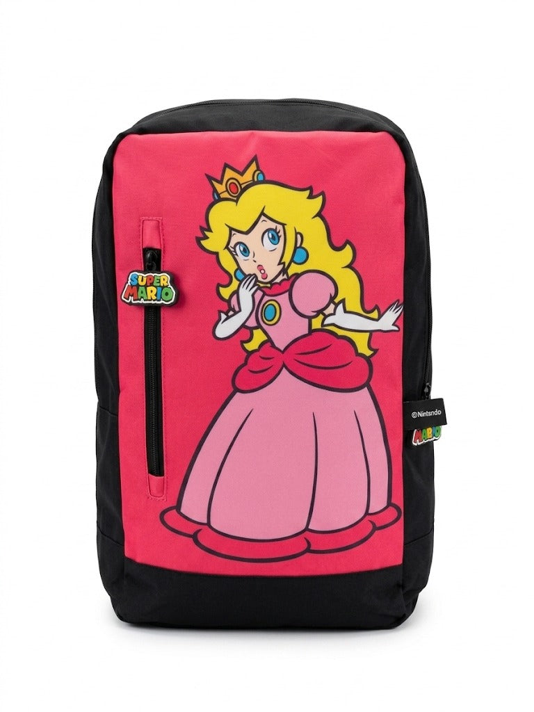 Rucsac scolar copii licenta oficiala Nintendo Super Mario – printesa Peach, orificiu casti audio headphone Jack, buzunar frontal vertical, negru/roz