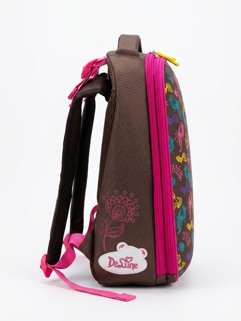 Ghiozdan școlar ergonomic DeLune pentru fete, model păsări colorate / floral, spate buretat Ergo System, elemente reflectorizante, maro/roz