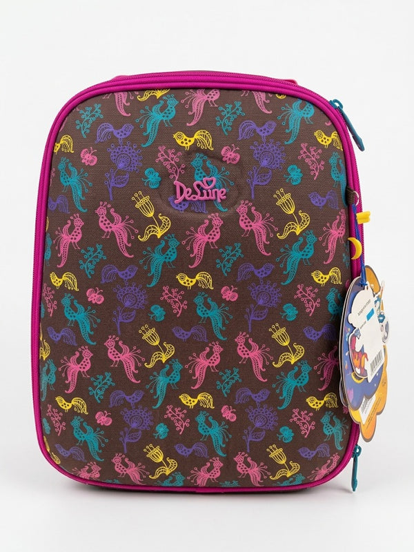 Ghiozdan școlar ergonomic DeLune pentru fete, model păsări colorate / floral, spate buretat Ergo System, elemente reflectorizante, maro/roz