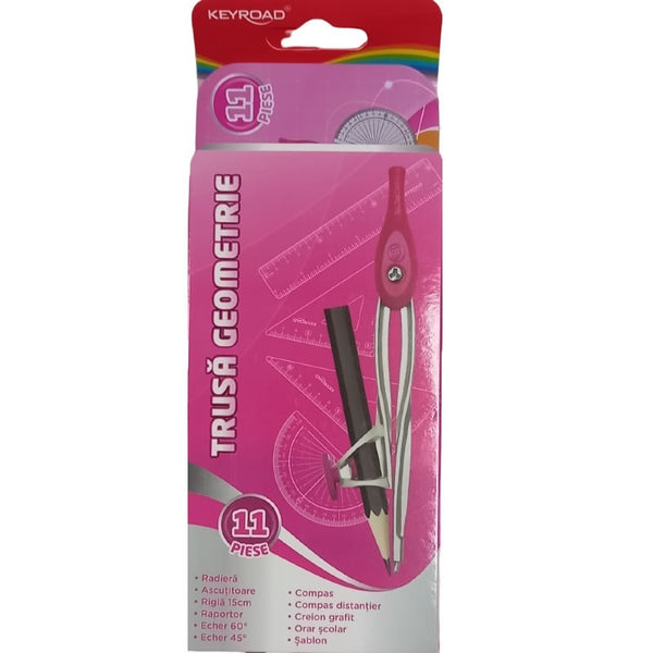 Trusa geometrie KEYROAD, cu 11 piese, cutie metal, culoare roz