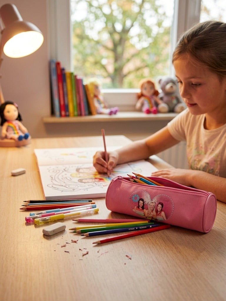 Penar scolar cilindric Studio 100 K3, model carouri multicolore si logo brodat, roz