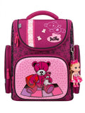 Ghiozdan scolar ergonomic DeLune pentru fete, model ursulet teddy 3D si inimioare, breloc papusa inclus, spate anatomic termoformat, elemente reflectorizante, fucsia/roz