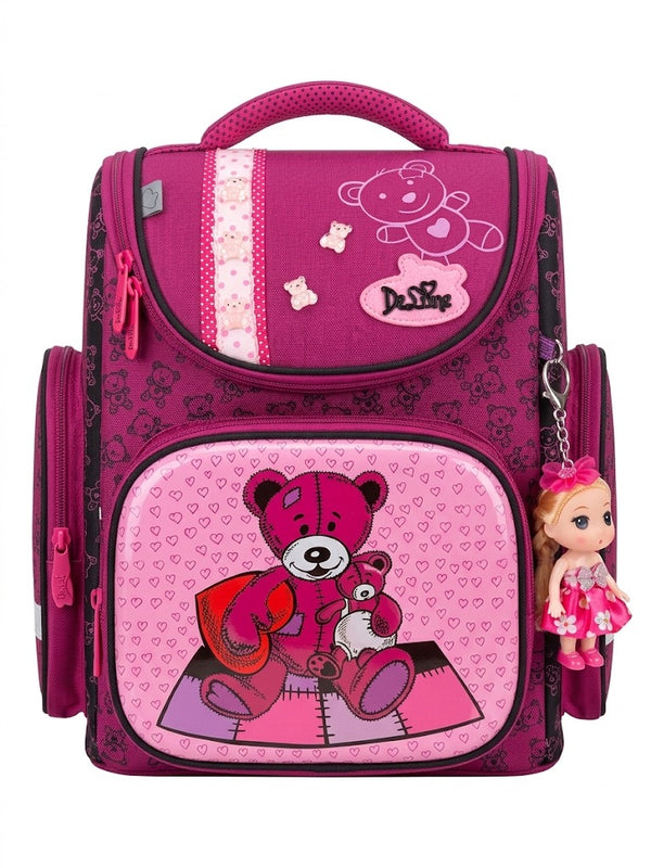 Ghiozdan scolar ergonomic DeLune pentru fete, model ursulet teddy 3D si inimioare, breloc papusa inclus, spate anatomic termoformat, elemente reflectorizante, fucsia/roz