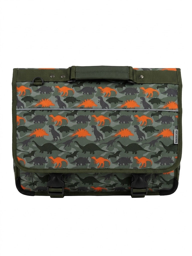 Ghiozdan scolar ergonomic Kangourou - model camuflaj verde cu dinozauri si insertii portocalii