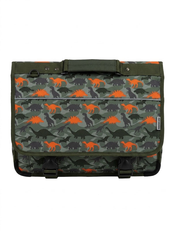 Ghiozdan scolar ergonomic Kangourou - model camuflaj verde cu dinozauri si insertii portocalii
