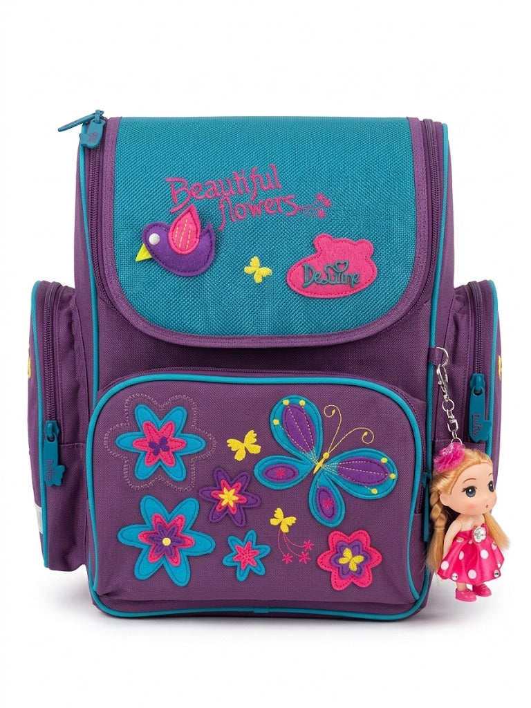 Ghiozdan scolar anatomic DeLune pentru fete, model beautiful flowers cu fluturi si pasarica 3D, spate ergonomic, breloc papusa inclus, elemente reflectorizante, mov/turcoaz