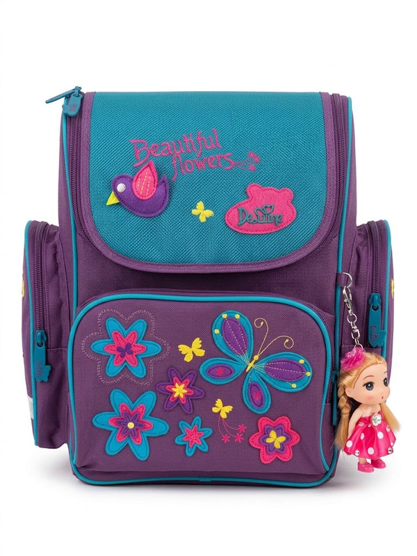 Ghiozdan scolar anatomic DeLune pentru fete, model beautiful flowers cu fluturi si pasarica 3D, spate ergonomic, breloc papusa inclus, elemente reflectorizante, mov/turcoaz
