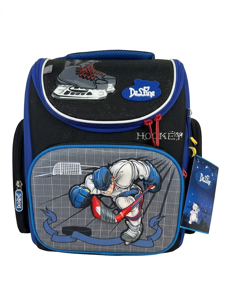 Ghiozdan scolar ergonomic DeLune pentru baieti, model Hockey Player 3D cu patina de gheata, spate anatomic, elemente reflectorizante, negru/albastru